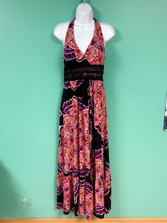 Bisou Bisou Pink & Black Floral Boho Halter Maxi Dress Womens 12 - Picture 2 of 9